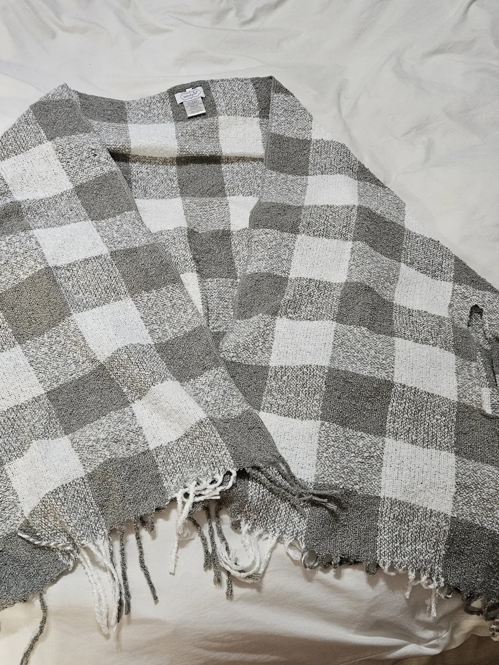 Mud Pie Gray and White Checkered Fringe Open-Front Poncho